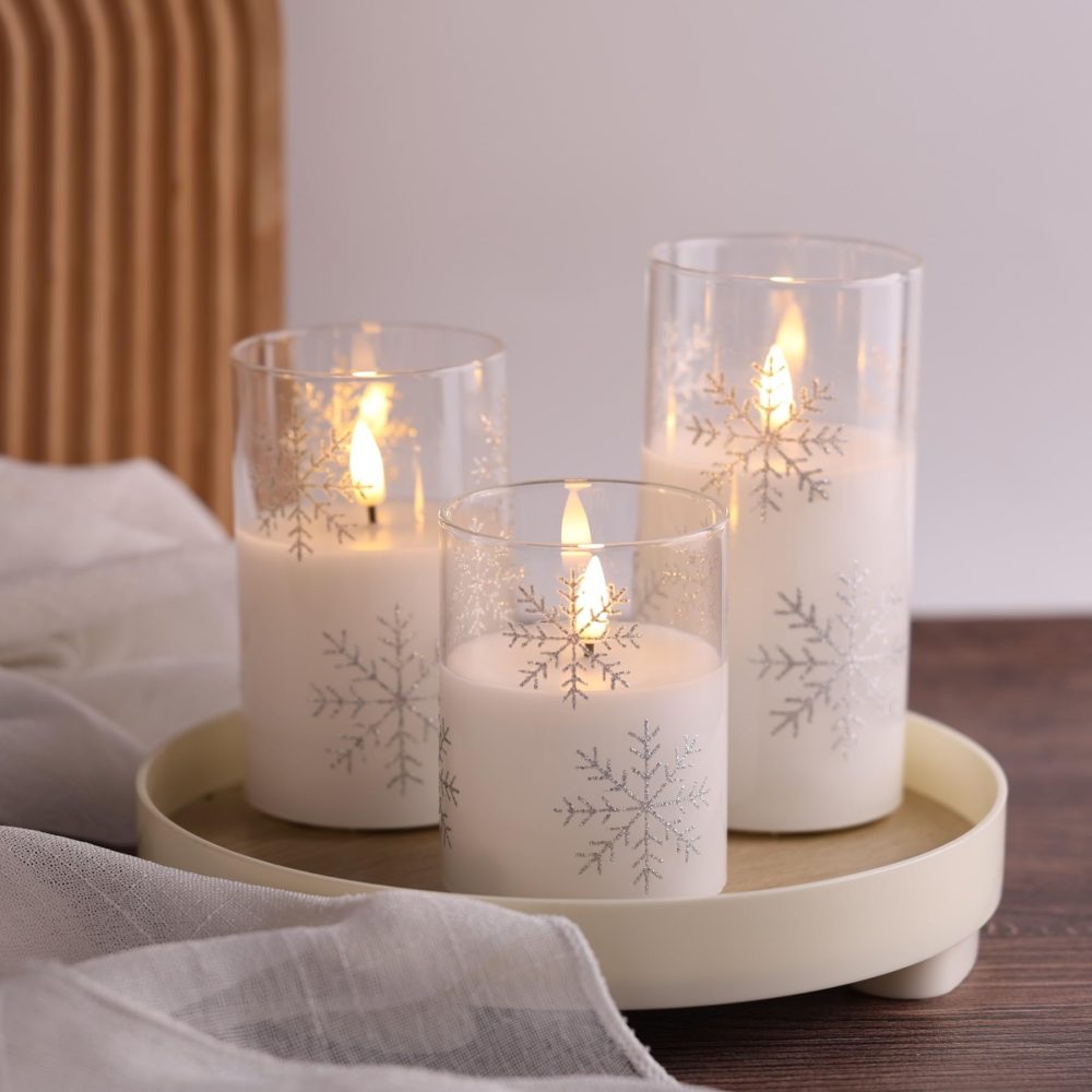 Eywamage Clear Snowflakes Glass Flameless Candles with Remote, Battery Operated Christmas LED Pillar Candles Set of 3 - Image 3