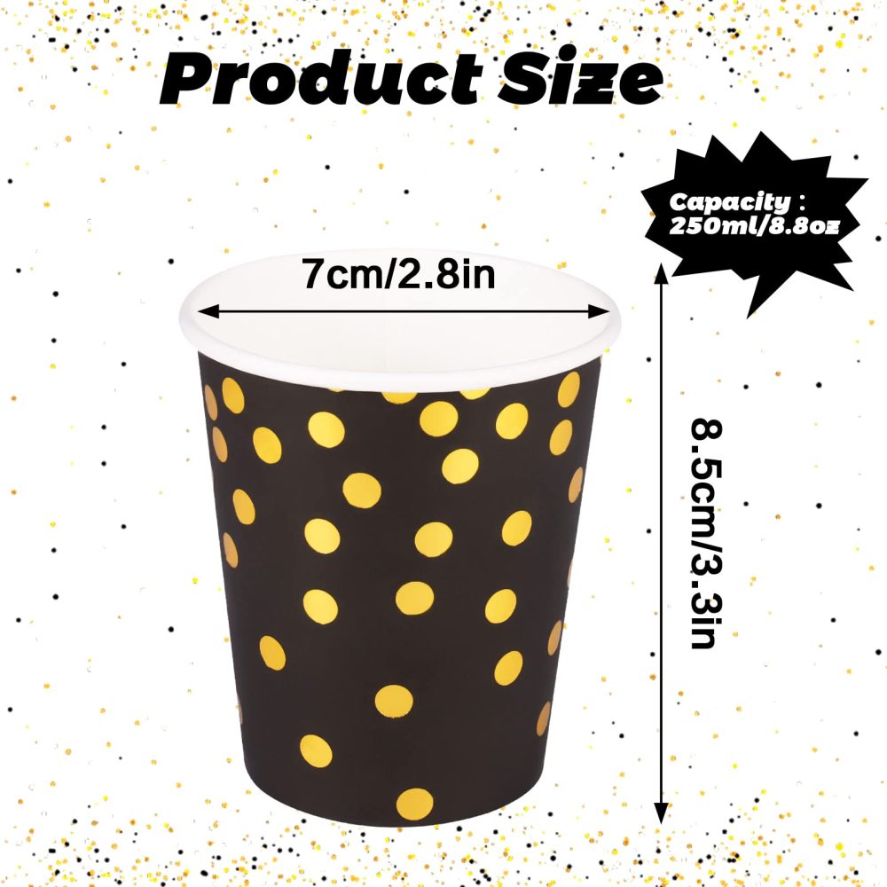 Pinenuts 60 Pieces Gold Polka Dot Paper Cups 9 Ounces Party Cups, Disposable Drinking Cups, Biodegradable for Halloween Christmas Holiday Wedding Party(Black) - Image 7