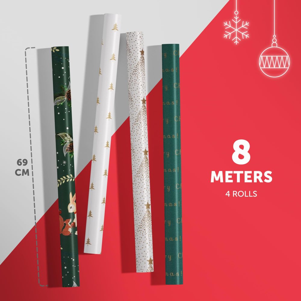 Kraft & Co Christmas Wrapping Paper Rolls - 4 Pack (69cm x 8M Each) Recyclable Kraft Xmas Gift Wrap, Festive Eco-Friendly Wrapping Paper for Christmas Gifts, Arts & Crafts (32M Total) - Image 7