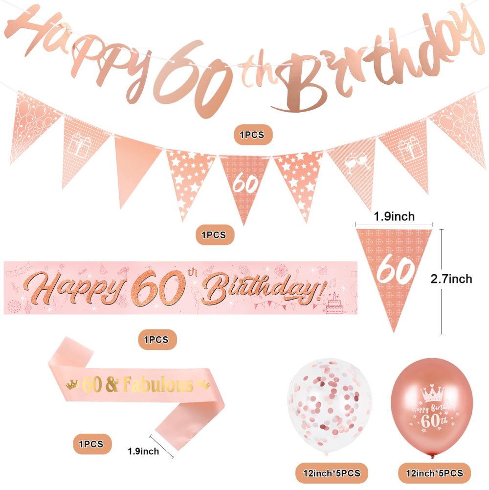 60th Birthday Decorations Kit Rose Gold Happy 60th Birthday Banner Triangle Flag Confetti Balloons Birthday Party Decorations Supplies Age 60 - Image 6