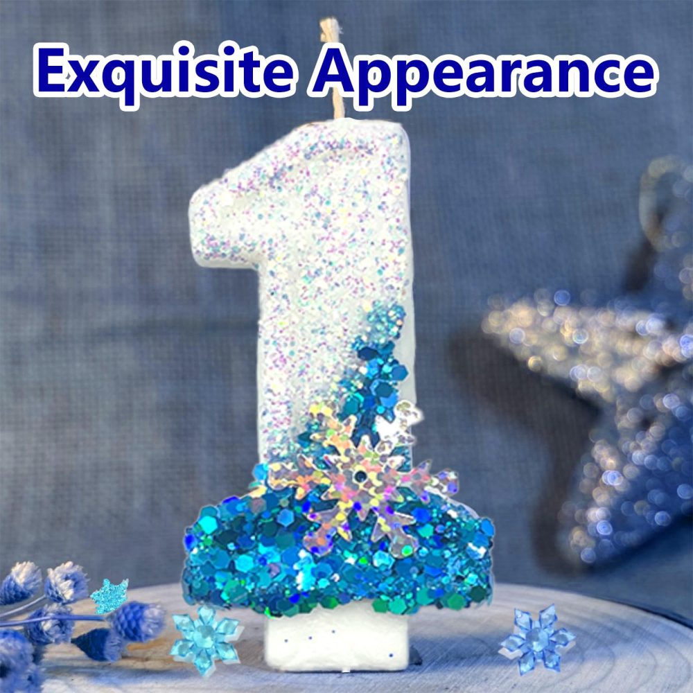 Blue White Frozen Birthday Candles for Cake, Number Candles with Snowflake, Frozen Cake Candles Decorations for Kids, Glitter Number Candles for Birthday Wedding Anniversary (Number 4) - Image 6