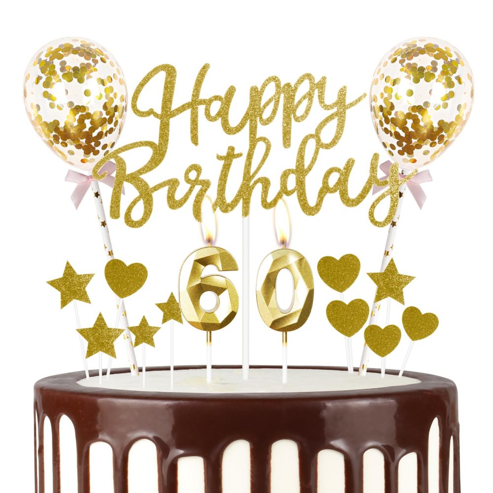 Gold 60th Birthday Candle,Gold Happy Birthday Cake Topper, Gold Balloons, Gold Number 60 Candles for Cake, Gold Candles Cake Toppers for Girls Boys Women Men's Birthday Party Decorations Supplies