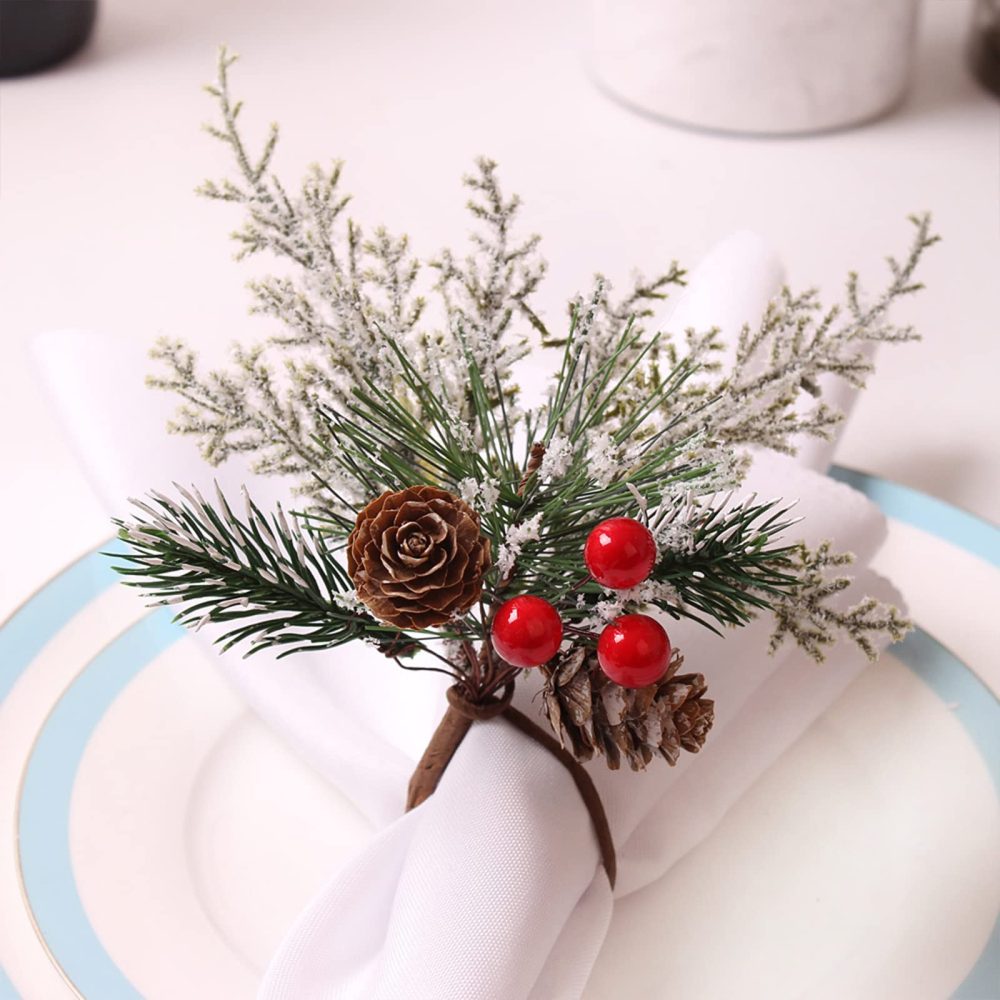 LouisaYork Christmas Napkin Rings Set of 6, Pine Cones Napkin Ring Decor Napkin Ring Holder, Xmas Cedar Red Berry Napkin Ring for Christmas Wedding Party Champagne Bottle Banquet Table Decorations - Image 2