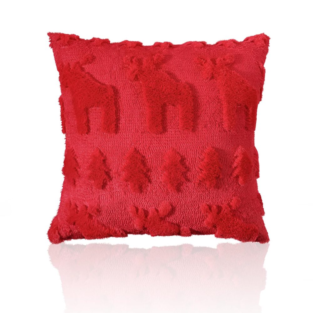 Lewondr Christmas Throw Pillow Cover 18x18, Set of 2 Super Soft Faux Fur Pillow Covers Velvet 3D Christmas Tree Reindeer Embroidery Square Throw Pillowcase for Living Room Bed Sofa Home Decor, Red - Image 2