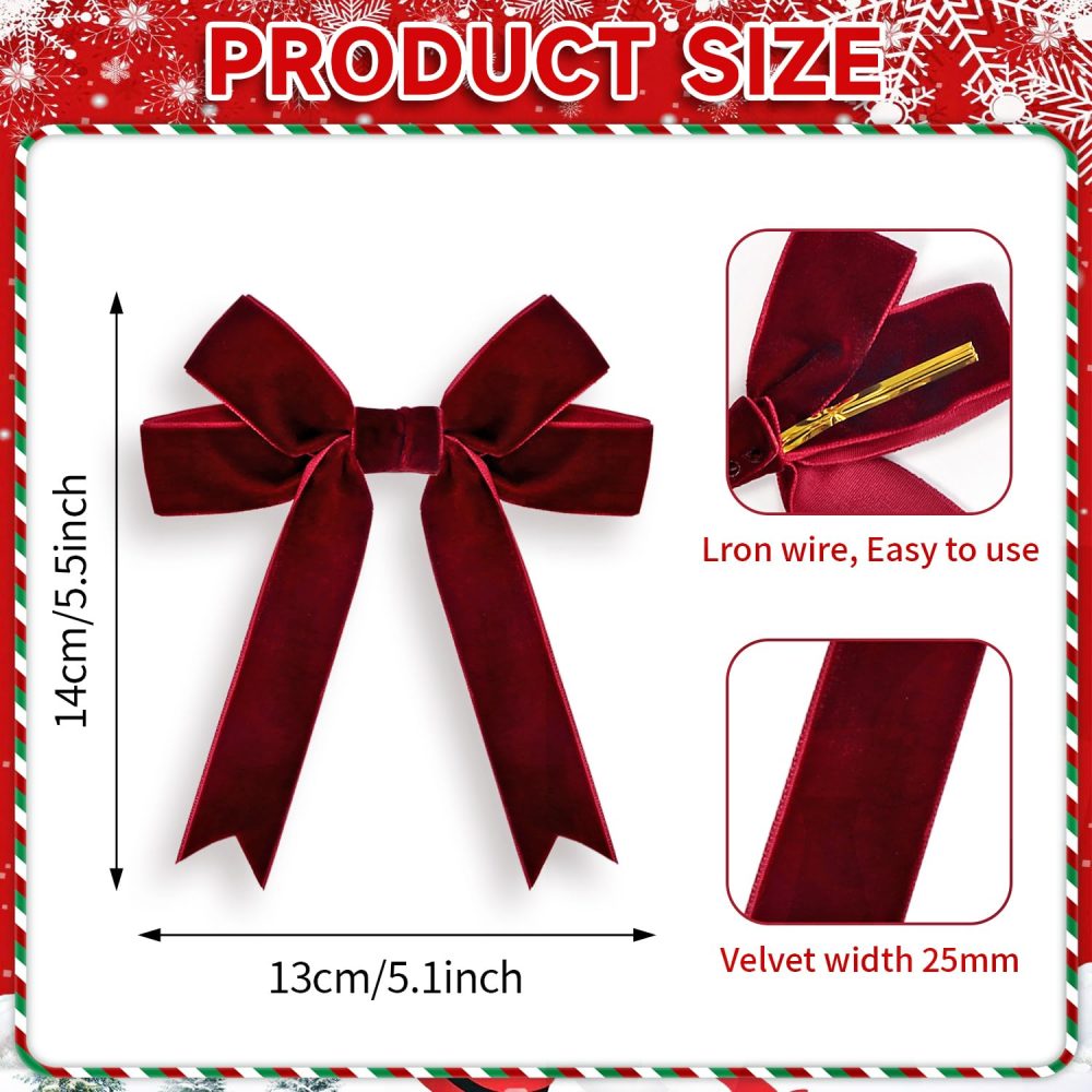 Kunjocy 10 Pcs Flannel Christmas Bows, Velvet Double Christmas Bows Christmas Tree Ornaments Bows Christmas Wreaths Bows for Xmas Garland Home Holiday Party Gift Wrapping (Burgundy) - Image 4