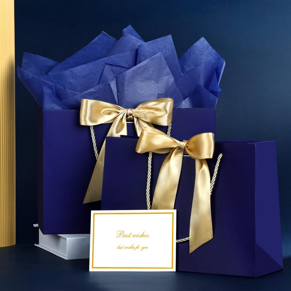 Gift Bags, Medium Gift Bags for Presents with Bow Ribbon, Present Bags with Handles 4 Tissue Papers and 2 Cards for Valentine's Day, Weddings, Birthday, Party, Celebration, Christmas(Blue 2Pcs) - Image 5