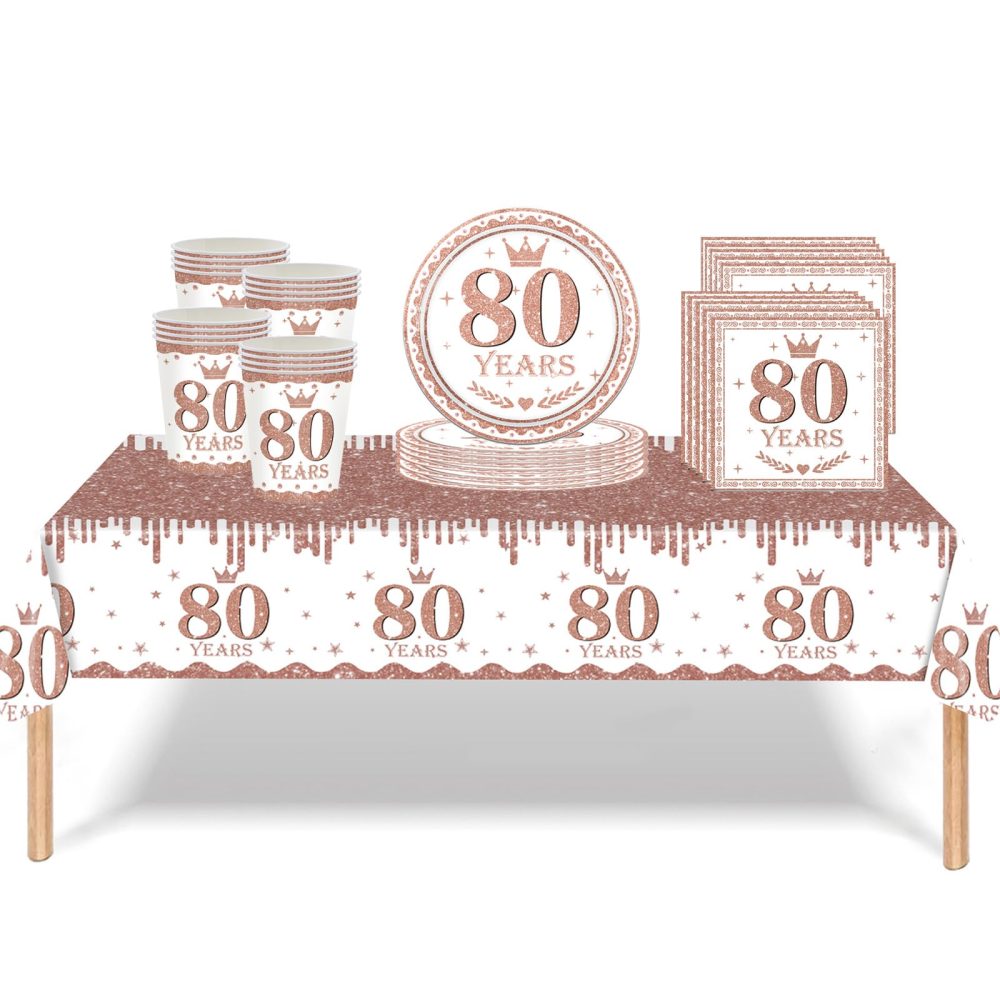 53Pcs Rose Gold 80th Birthday Party Tableware Decorations,80th Birthday Table Cloth Plates and Napkins Cups Sets for Her Women Birthday Table Decorations for 80th Birthday Gifts Dinnerware Supplies