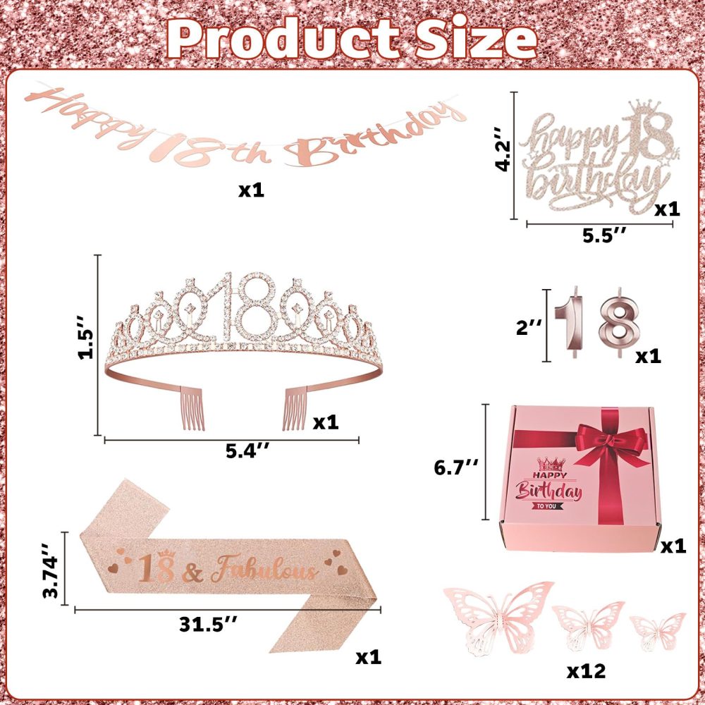 18th Birthday Decorations for Her Sweet Birthday Gifts for Girls Rose Gold 18th Birthday Sash, Tiara, Cake Topper, Number 18 Candles, Happy 18th Birthday Banner, 3D Butterfly 12pcs, Birthday Supplies - Image 6