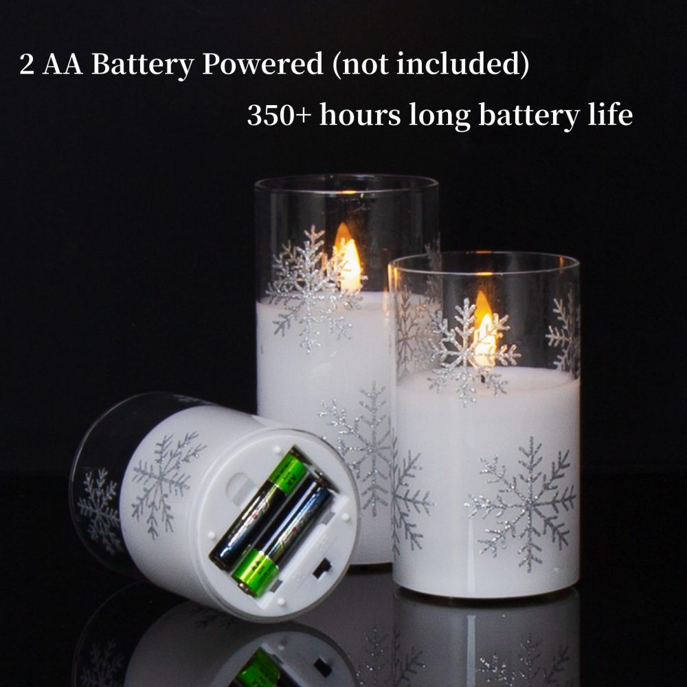 Eywamage Clear Snowflakes Glass Flameless Candles with Remote, Battery Operated Christmas LED Pillar Candles Set of 3 - Image 7
