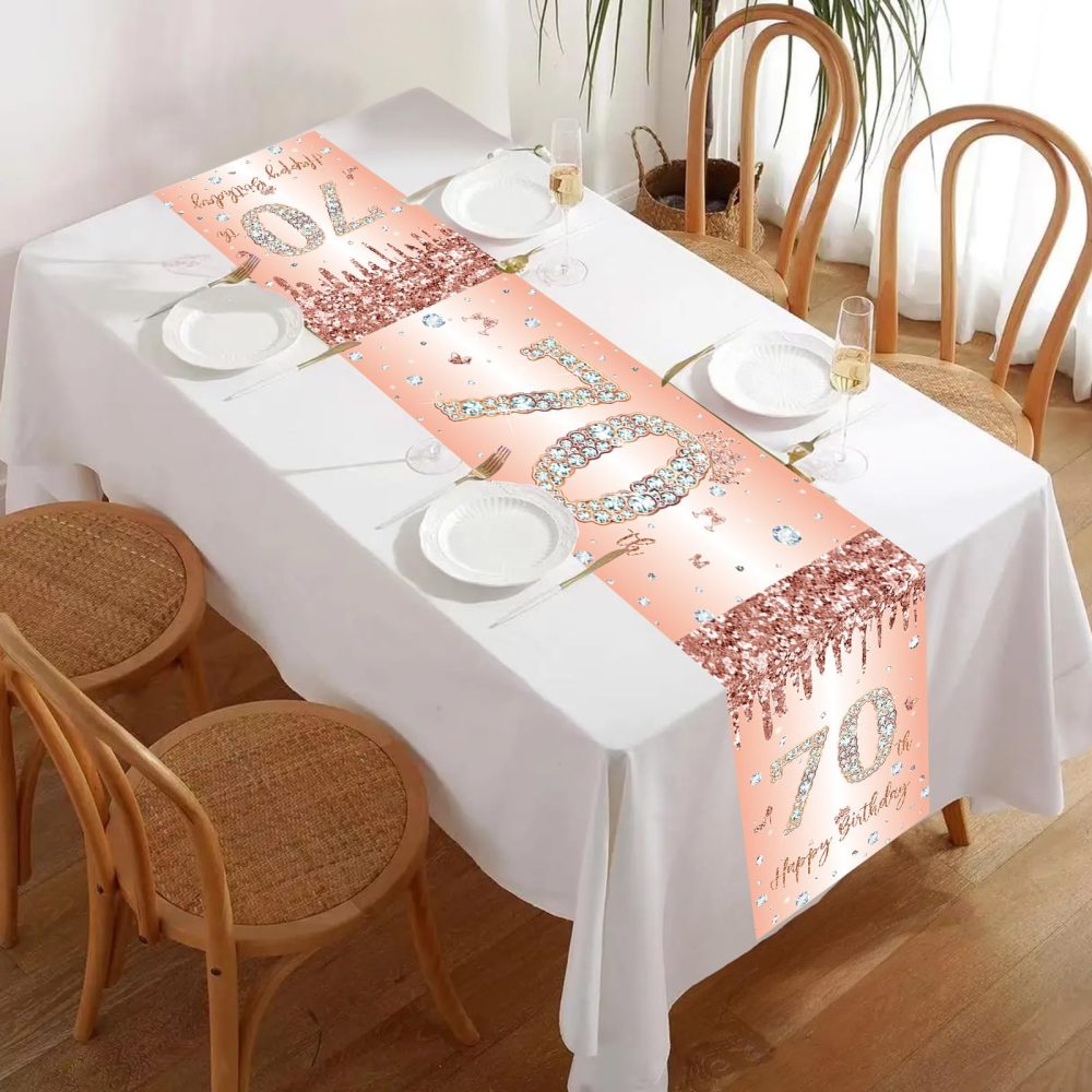 70th Birthday Table Runner Rose Gold Happy 70th Birthday Table Runner for Women Her 70 Years Old Birthday Celebration Party Decorations Non-Slip Dining Table Linen Cover Cloth Decor, 180x35cm Long - Image 2