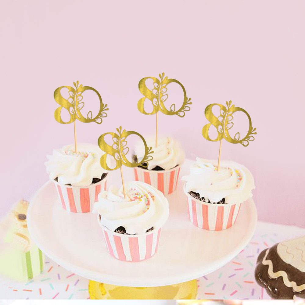 Blumomon 24Pcs 80th Happy Birthday Cupcake Toppers Happy 80 Cupcake Topper Cheers to 80 Cake Decoration 80th Birthday Party Decoration 80th Anniversary Cake Decoration（Gold） - Image 5