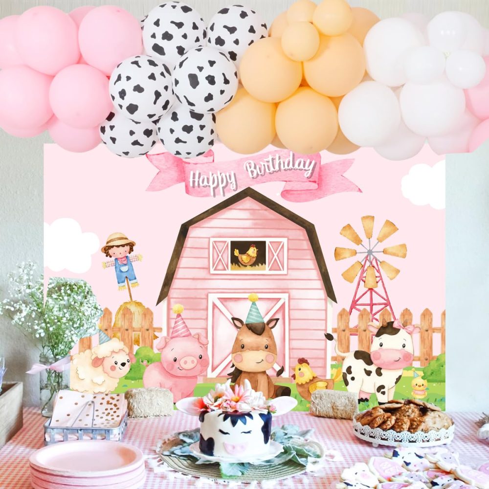 JOYMEMO Farm Animals Birthday Decorations for Girls, Cow Print Pink Balloon Garland Arch Kit, Farmhouse Barnyard Party Supplies with Backdrop for 1st 2nd Birthday - Image 6