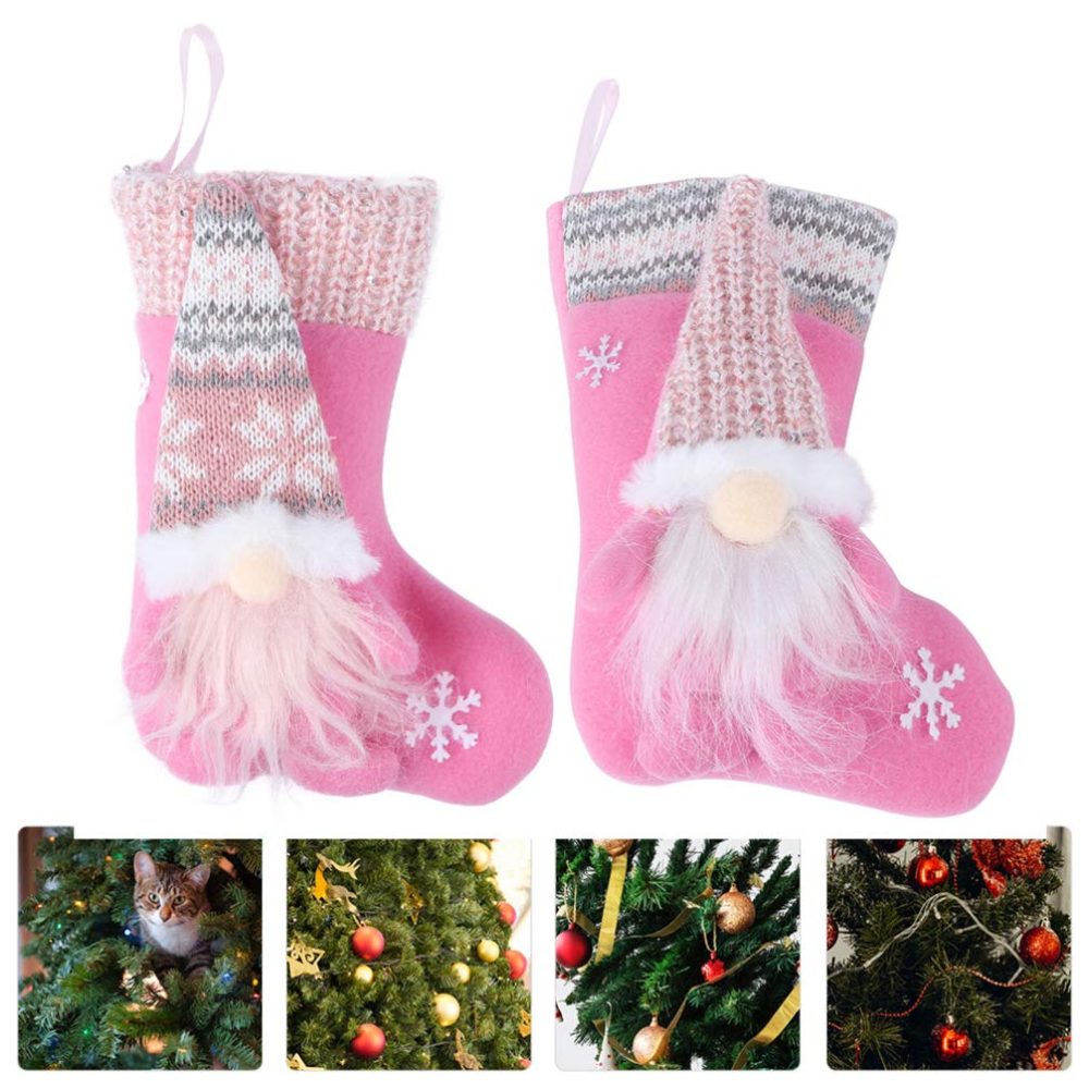 2pcs Christmas Stockings Set 3D Large Xmas Stockings Plush Faux Fur Cuff Family Hanging Socks Bag for Xmas Tree Holiday Season Party Decor (Pink) - Image 7