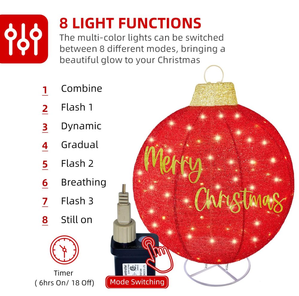 2pc Large Outdoor Christmas Ornament Set - HOYECHI Oversized Christmas Decorations Outside Pop-Up Balls, Light Up Large Balls Holiday Decor with 200 LED Lights,8 Light Functions - Red/Gold - Image 8
