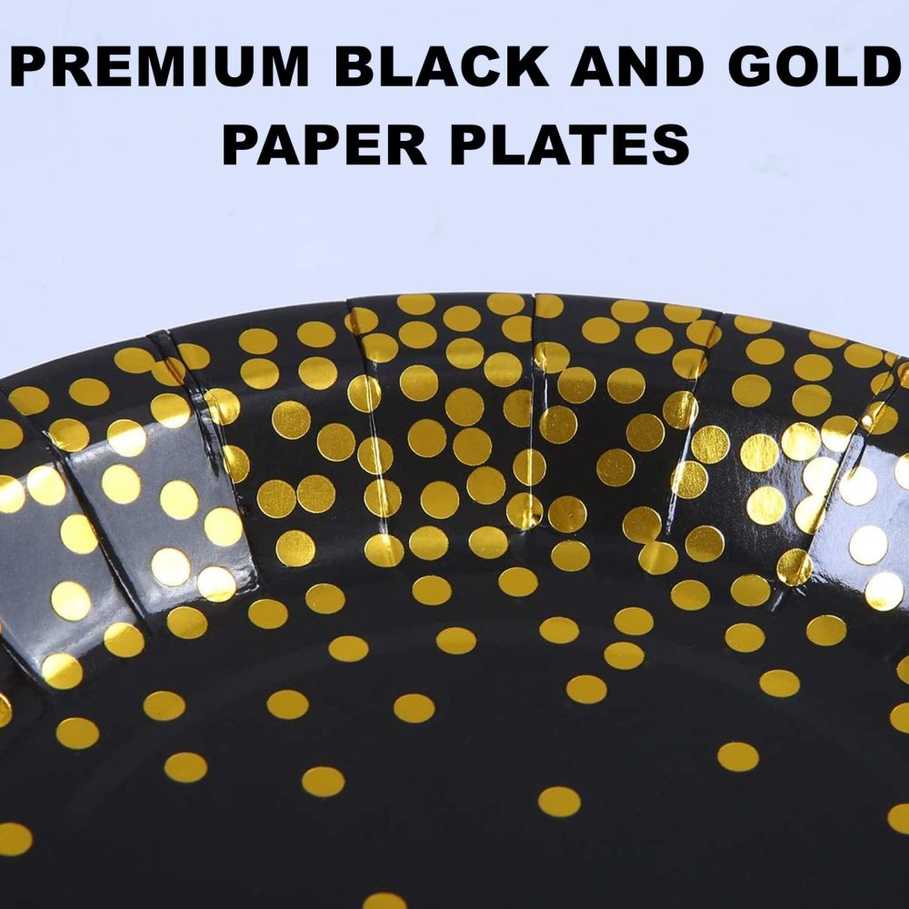 CEILIWEN Black and Gold Party Plates, 50 Pack 7 inch Party Tableware Dinnerware, Disposable Paper Plates, Party Supplies for Birthday Decorations, Pack of 50 - Image 2