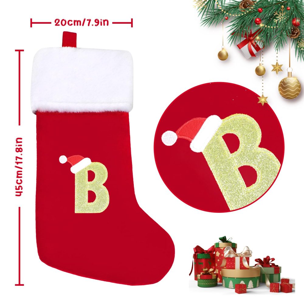 SULOLI 20 Inches Monogram Christmas Stockings with Letters,Super Soft Plush Christmas Stockings Large Embroidered Stockings Red Letter Stockings for Christmas Holiday Xmas Gift(B) - Image 8