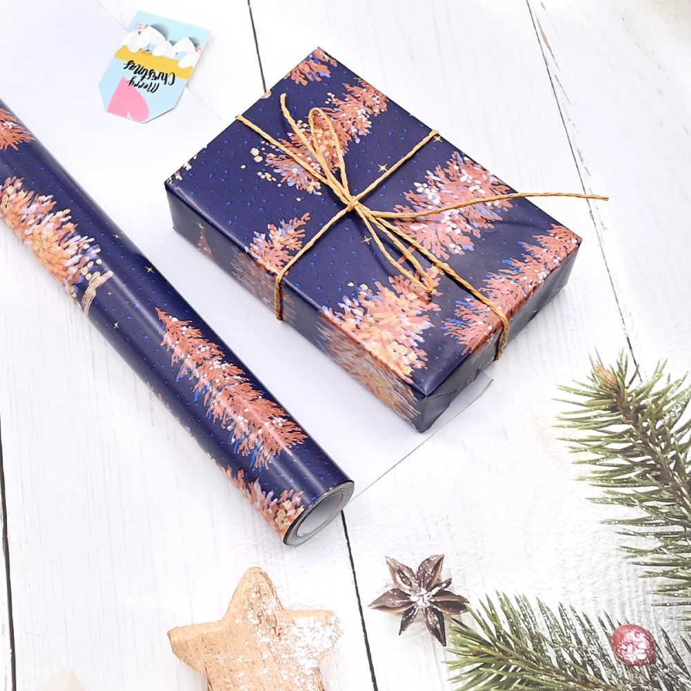 43cm*10m Purple Christmas Wrapping Paper Roll Printed With Pink Xmas Tree, Topeedy Recyclable Xmas Wrapping Paper for Christmas Party Gift Boxes Packing- pink tree - Image 4