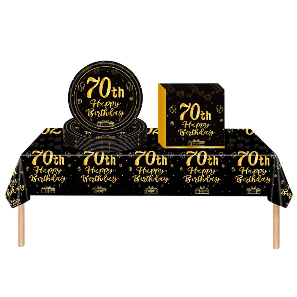 Black Gold 70th Birthday Plastic Table Cloth,Paper Plates Napkins Tableware Set,37P 70th Birthday Table Decorations Disposable Tableware Kit for Women,Men,Lady,Him,Her 70th Birthday Gifts Party Décor