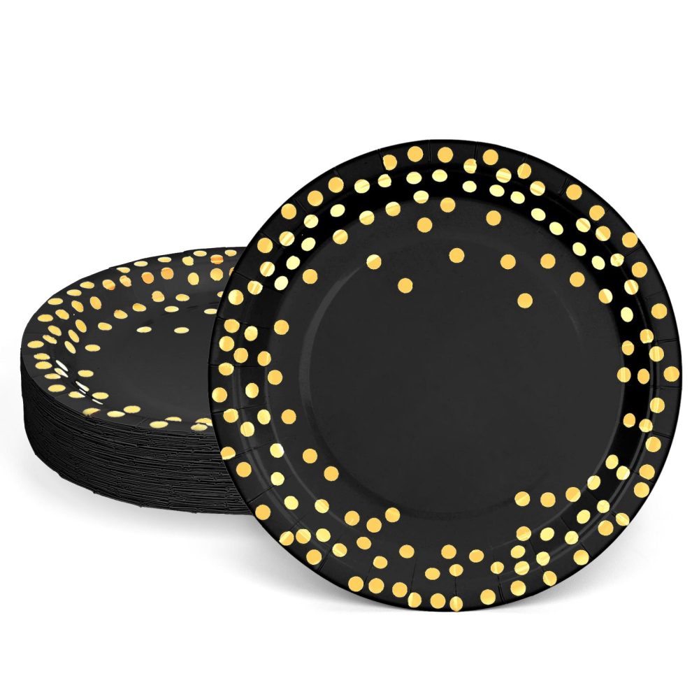 SKBATTERRS 50 Pcs Party Paper Plates Set,Disposable Party Tableware Party Decorations Birthday Party Decorations Party Supplies (Black and Gold, 22.9 cm/9 inch)