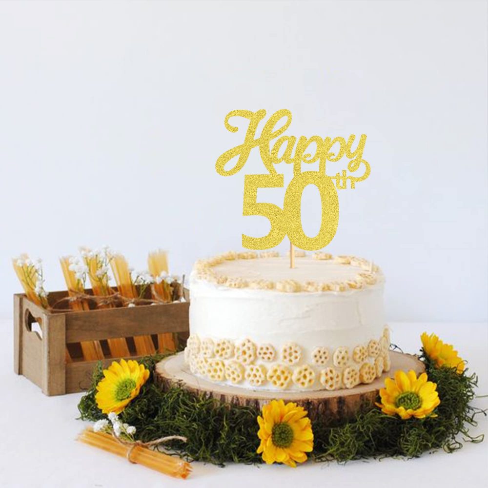 Blumomon 3Pcs Happy 50th Cake Topper Gold Glitter Number 50 Fifty Birthday Cake Pick Decorations for Cheers to 50 Years Old 50th Birthday Wedding Anniversary Party Supplies - Image 3