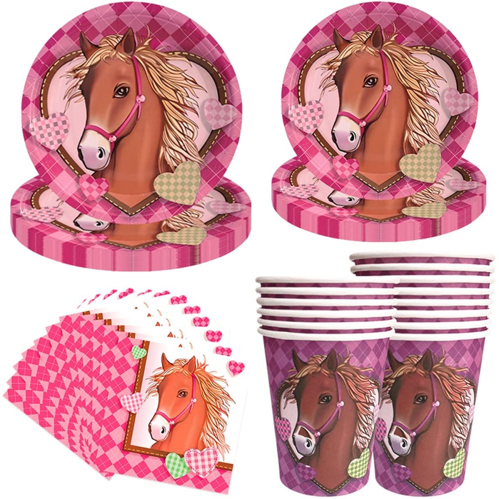 Horse Party Decorations 64 Pcs Horse Tableware Set Party Reusable Tableware Plates Paper Cups Napkins for Girls Kids Birthday Dinner Dessert Baby Shower Pink
