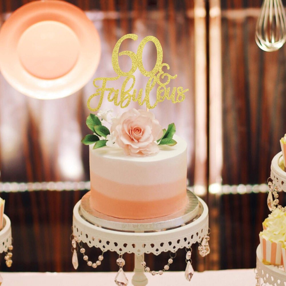 Gold Glittery 60 & Fabulous Birthday Cake Topper for 60th Birthday Party Decorations 60 Birthday Cake Decorations Supplies 3 Pack - Image 3