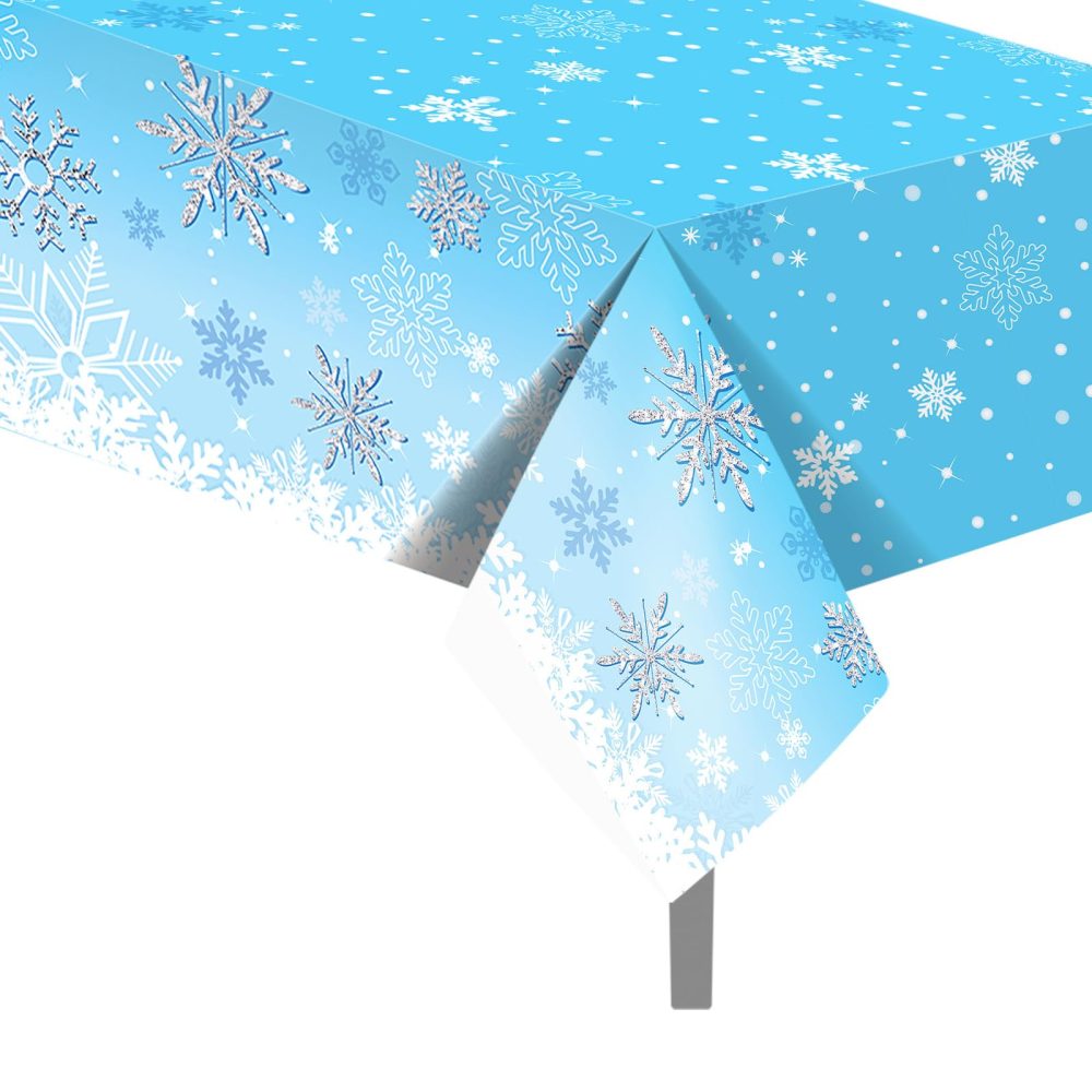 2PCS Christmas Tablecloth,130*220cm Blue Snowflake Xmas Party Table Cover,Disposable Rectangle Christmas Plastic Table Cloth for Christmas Party,Winter Holiday Frozen Party,Christmas Table Decoration - Image 2