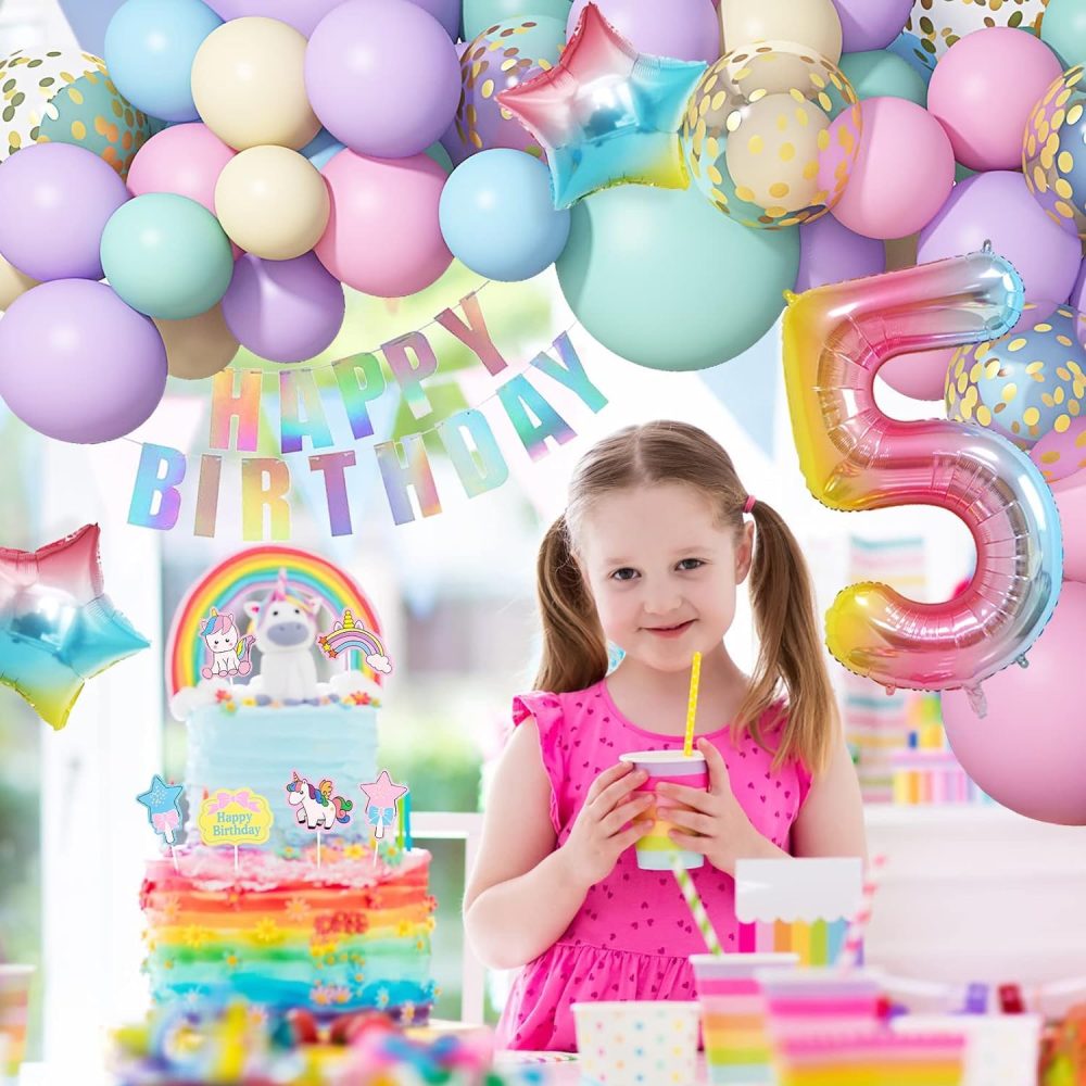5th Unicorn Balloons Arch Kit Girl Birthday Party Decorations 120Pcs Pastel Macaron Balloon Huge 3D Unicorn Foil Age Balloons Happy Birthday Banner for Kids Birthday Party Deco - Image 5