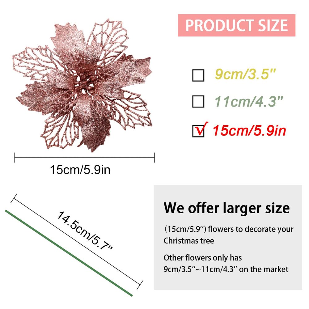 Yueshop 10 PCS Christmas Flowers Large (15CM) Poinsettia Glitter Flower Christmas Tree Hanging Party Xmas Decor (White) - Image 8