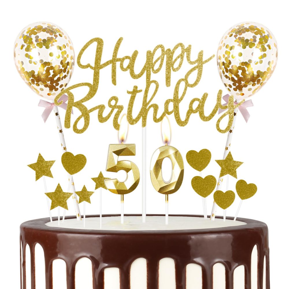 Gold 50th Birthday Candle,Gold Happy Birthday Cake Topper, Gold Balloons, Gold Number 50 Candles for Cake, Gold Candles Cake Toppers for Girls Boys Women Men's Birthday Party Decorations Supplies