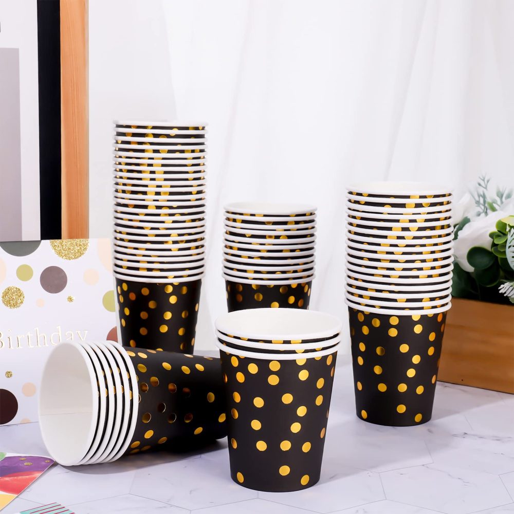 Pinenuts 60 Pieces Gold Polka Dot Paper Cups 9 Ounces Party Cups, Disposable Drinking Cups, Biodegradable for Halloween Christmas Holiday Wedding Party(Black) - Image 5