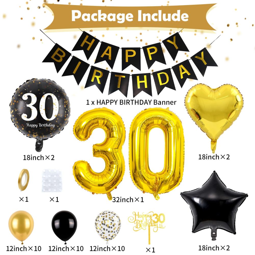 Black and Gold 30th Birthday Decorations, 30th Birthday Balloons Gold and Black 30th Party Decorations with Black Gold Balloons Happy Birthday Banner Cake Topper for Men Women 30th Birthday Supplies - Image 7
