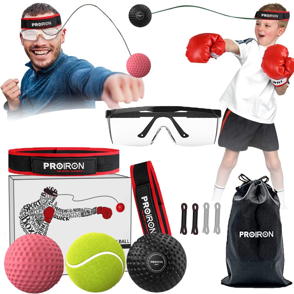 PROIRON Boxing Headband Ball with Safety Glasses, 3 Balls Reflex, 2 Headband for Adult/Kids, Box Ball for Punch Speed, Hand Eye Coordination Training Equipment Boxing MMA, Gifts for Teenage Boys