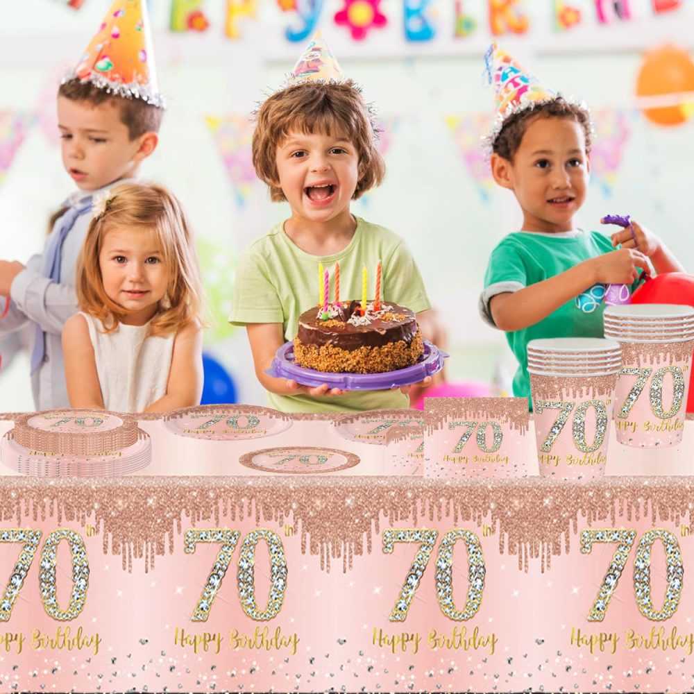 69pcs Rose Gold 70th Birthday Decorations,Happy 70th Birthday Tablecloth,Paper Plates,Napkins Serviettes and Cups Sets for 70th Birthday Table Decorations for Women,Men,Him,Her 70th Birthday Gifts - Image 6
