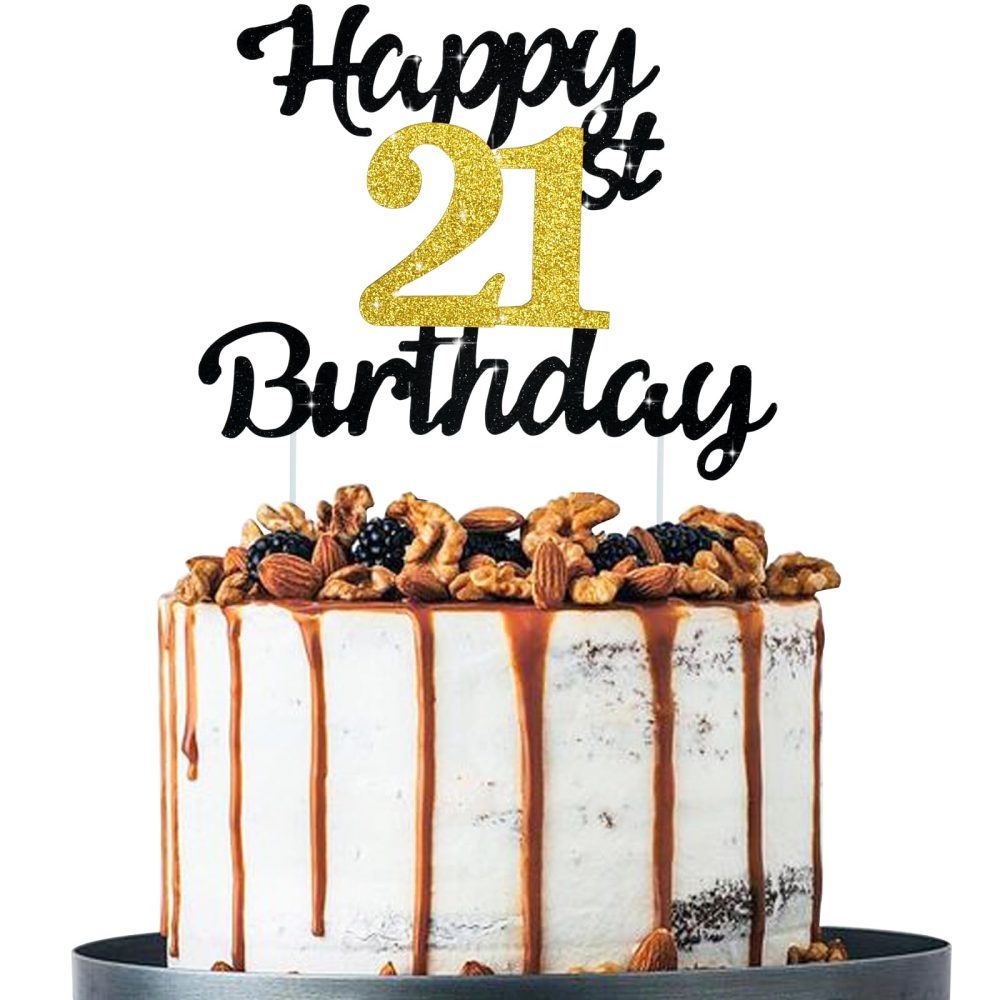 BEISHIDA 21th Happy Birthday Cake Topper, Black Gold Birthday Cake Decoration 21th Birthday Decorations for Men Women for 21th Birthday Anniversary Party Decorations Supplies