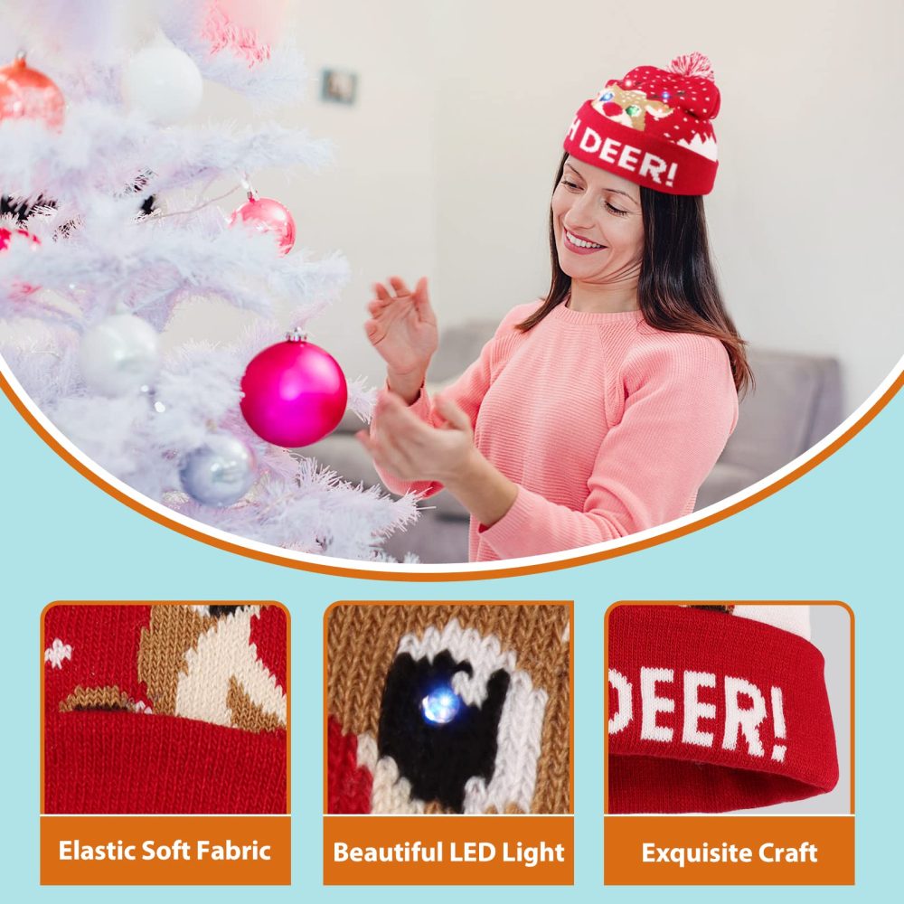 2PCS LED Christmas Hats, LED Light Up Christmas Hat, Light Up Knitted Santa Hat, Light Up Xmas Hat - New Year Party Hats for Kids, Adults - Image 6