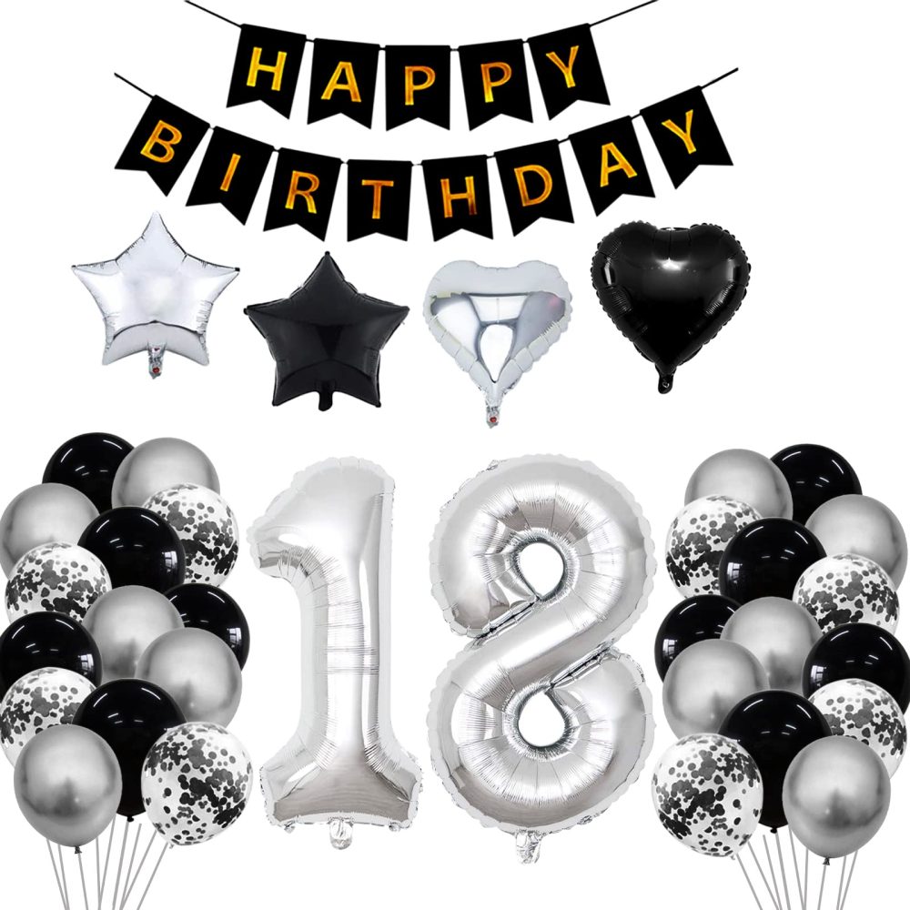 18th Birthday Decorations for Boys Girls Black Silver Happy Birthday Balloons Supplies 18 Birthday Party Set with 18 Sliver Number Balloons Happy Birthday Banner and Foil Star Balloons(18th-birthday)