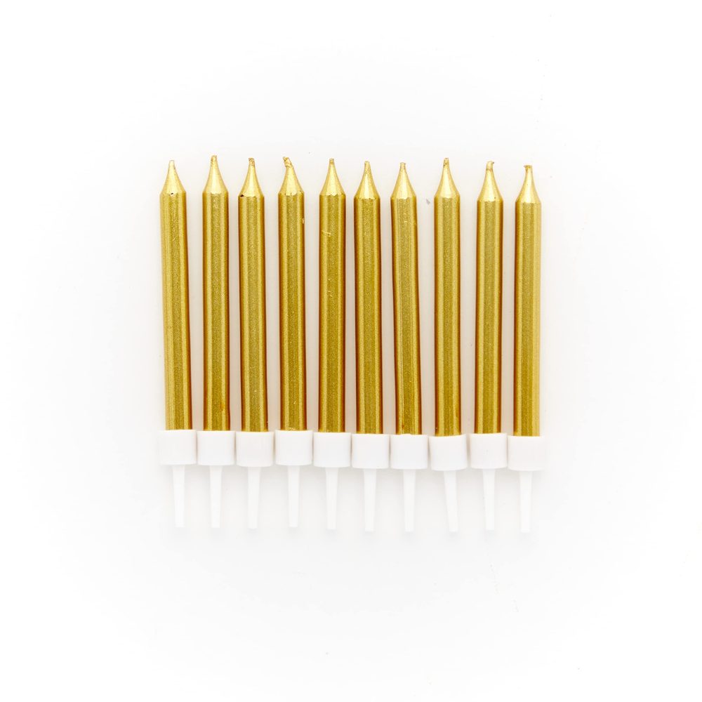 Amscan 9911937 - Metallic Gold Cake Candles & Holders - 10 Pack