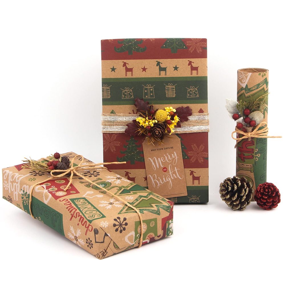 Christmas Wrapping Paper, Made from Recycled Kraft Paper, 12 Folded Sheets 70x50cm with 6 Vintage Designs (Bonus 10m Jute String and 10 Tags) - Image 5