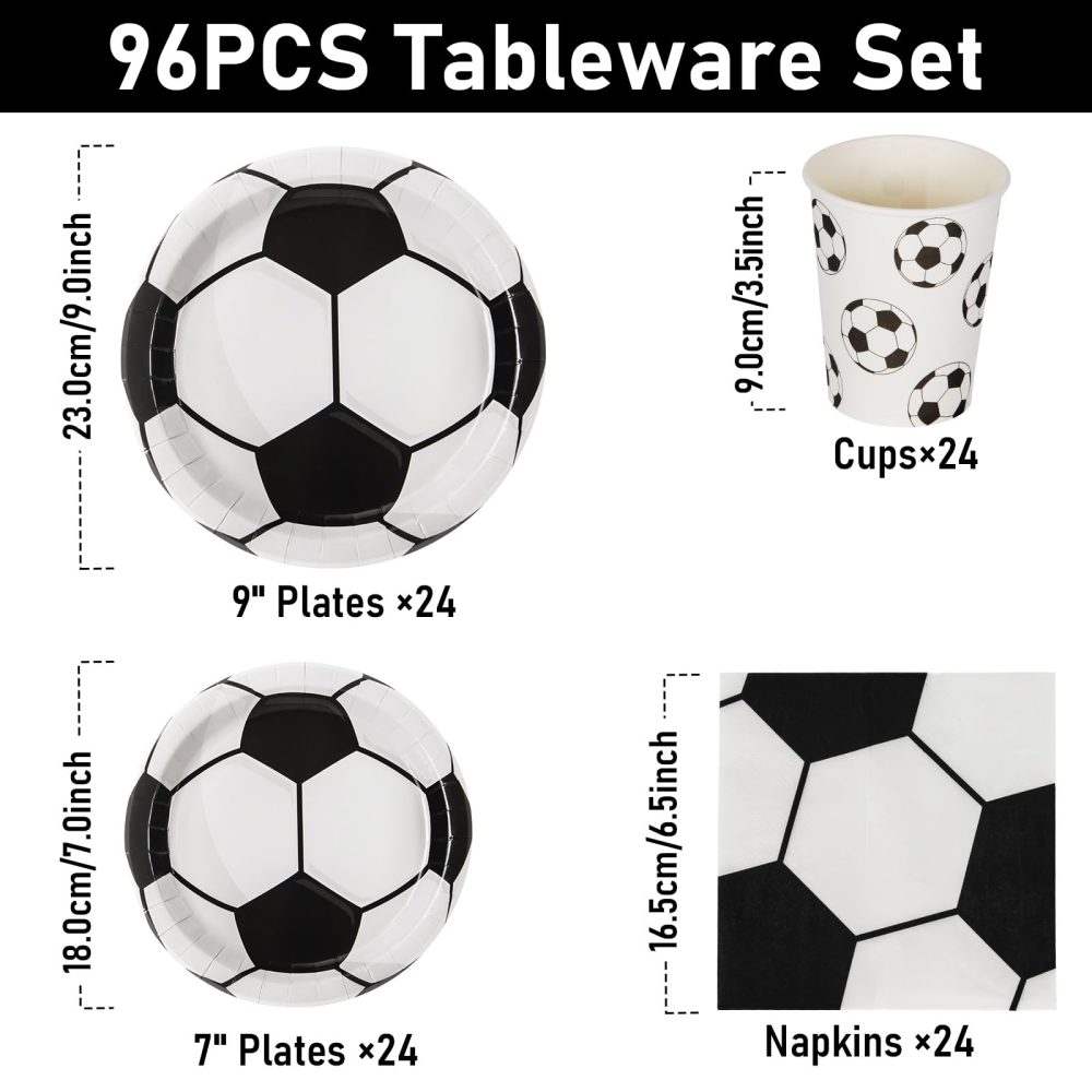 PARTY GO 96 Pcs Football Party Tableware Set, Paper Plates Cups and Napkins, Disposable Dinnerware Party Supplies for Birthday, Black White Football Soccer World Cup Decorations Serve 24 Guests - Image 7