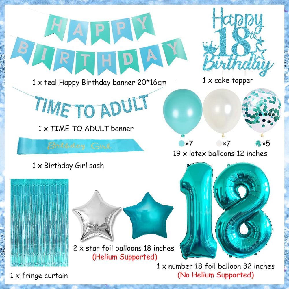 18th Birthday Decorations for Girls Teal - Time To Adult 18 Birthday Supplies Banner Cake Topper Turquoise Fringe Curtain Birthday Sash Number 18 Balloon for Eighteenth Birthday - Image 6