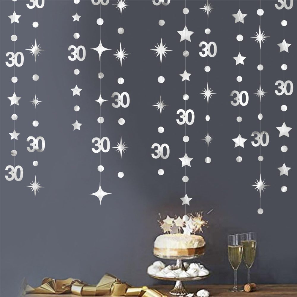 Silver 30th Birthday Decorations Number 30 Circle Dot Twinkle Star Garland Metallic Streamer Banner Backdrop for Mens Womens Happy Dirty Thirty Cheers to 30 Years Old 30th Anniversary Party Supplies - Image 5