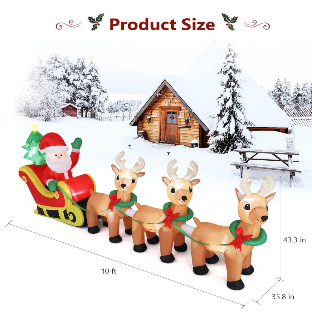 Bonnlo Lighted Inflatable Christmas Decoration, 10ft Long Blow Up Christmas Santa Claus Sleigh & Reindeer Outdoor Decorations with Secure Stakes, Electric Blower Fan for Indoor Outdoor Yard Decor - Image 3