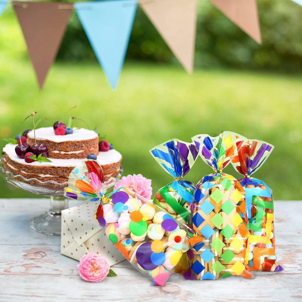 Kesote 100Pcs Rainbow Cellophane Party Bags with Twist Ties 4 Patterns Sweet Bags Cellophane Treat Bags for Birthday Party Wedding Baby Shower, 27 x 13cm - Image 3