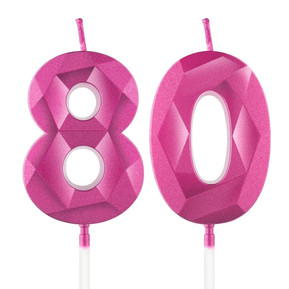 Hot Pink 80th Birthday Candles for Cake, Number 80 Candle for 80th Birthday Decorations, 3D Design Cake Topper Decor for Girls Womens Birthday Theme Party Weddings Anniversary Celebration Supplies