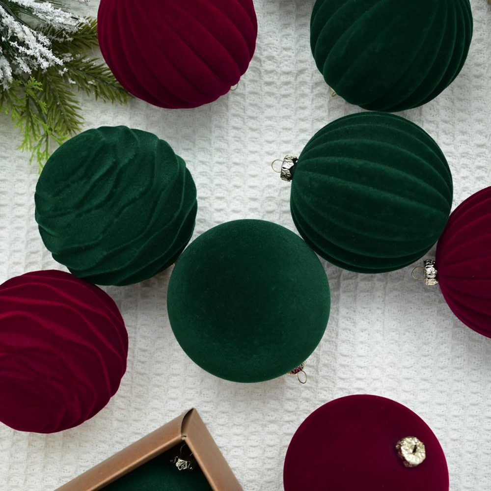Velvet Christmas Balls, Velvet Christmas Ornaments for Tree Set of 12, Farmhouse Christmas Ball Bauble, Christmas Ball Ornaments for Xmas Tree Hanging Decoration (Red) - Image 2