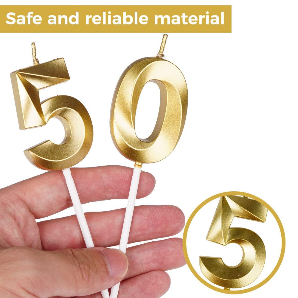 AIBAOBAO 50th Birthday Candles, Gold 3D Candles, Number 50th Cake Topper, 50th Decoration Birthday, 50th Candles for Birthday Wedding Anniversary Celebration Supplies - Image 4