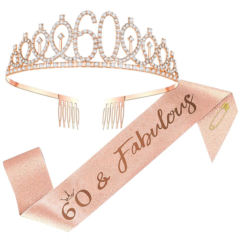 60th Birthday Sash and Tiara,Rhinestone Crown Headband for 60 Birthday Gift Glitter Crystal Hair Accessories Rose Gold Queen 60th Birthday Decoration for Girls Women Birthday Party Supplies