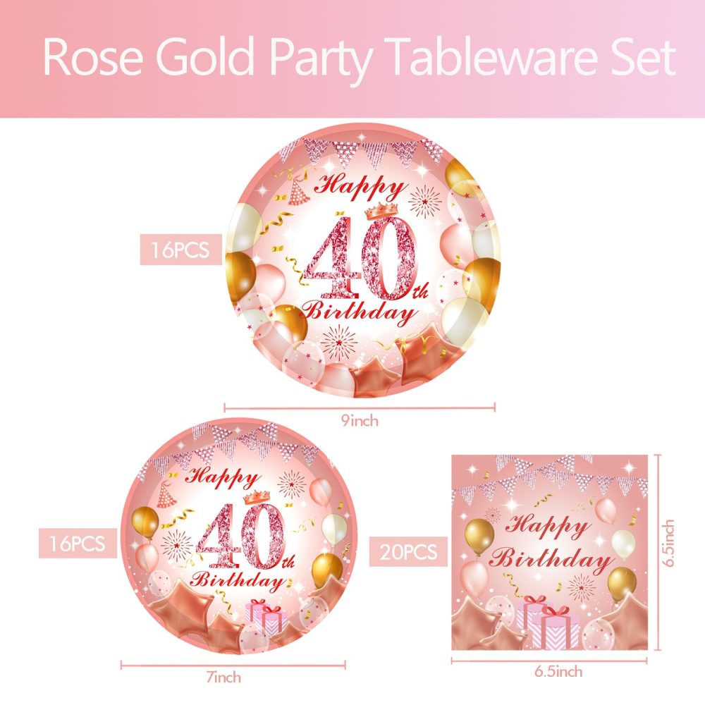 52Pcs 40th Paper Plates and Napkins Rose Gold,16 Guests Pink and Gold 40th Birthday Party Tableware Paper Plates and Napkins Set for Women 40th Birthday Gifts,Birthday Party Decorations Supplies - Image 7