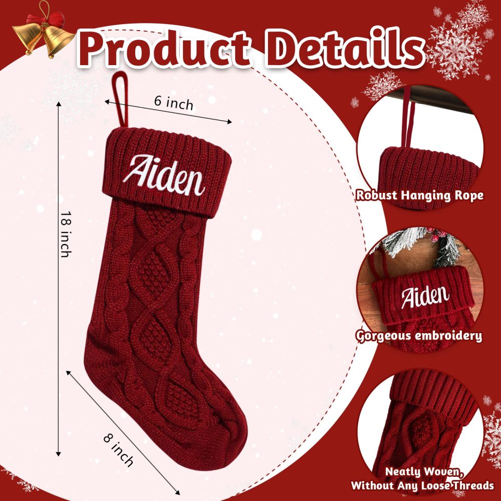 BEXOA Personalised Christmas Stockings - 18” Large Knitted Embroidered Custom Names Christmas Stockings, Xmas Stocking for Kids Family Fireplace Christmas Holiday Party Decoration (1, Embroidered) - Image 7
